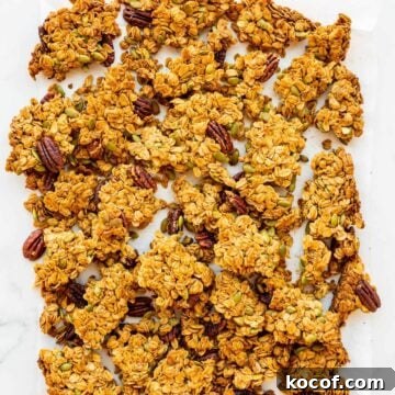Homemade granola clusters, broken up into large chunks