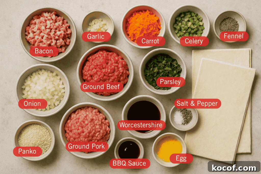 Flatlay of labeled ingredients for sausage rolls, including minced bacon, ground beef, ground pork, chopped onion, garlic, shredded carrot, chopped celery, chopped parsley, ground fennel, salt and pepper, panko breadcrumbs, Worcestershire sauce, barbecue sauce, beaten egg, and puff pastry sheets.