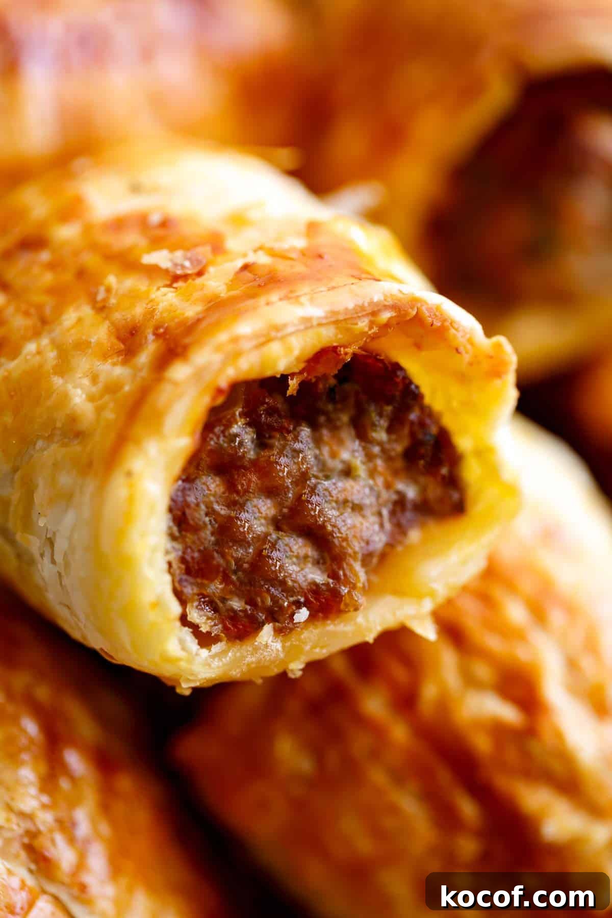 Side view of crunchy Sausage Rolls 
