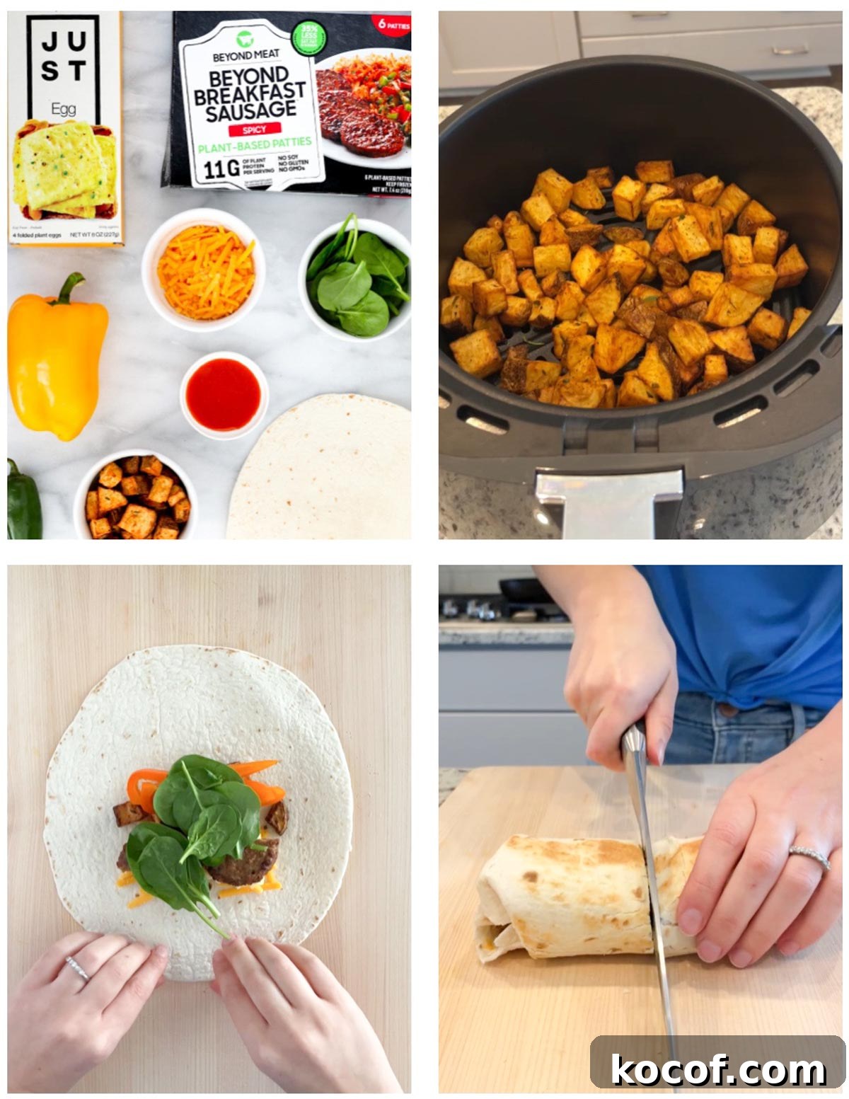 Step by step pictures including a picture of burrito ingredients, air fryer potatoes, wrapping a burrito, and sliced a burrito
