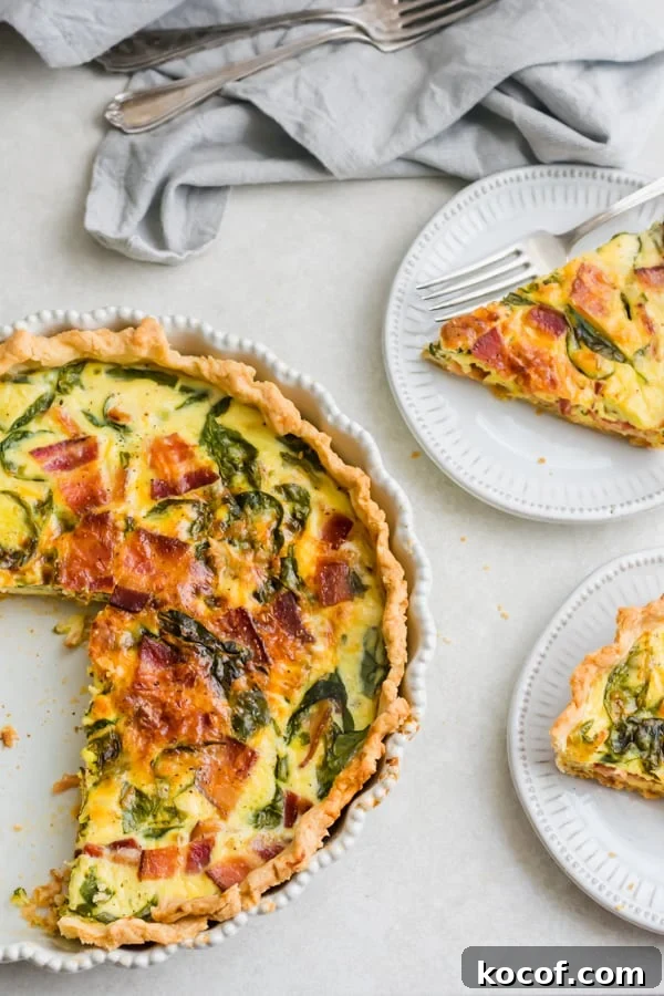 Savory Morning Quiche Recipe for Brunch or Meal Prep 2 The sliced quiche next to slices on plates.
