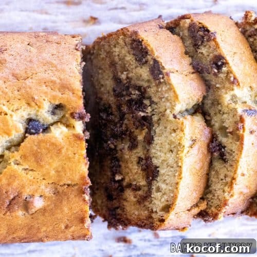 brown butter chocolate chip banana bread cut into slices close up