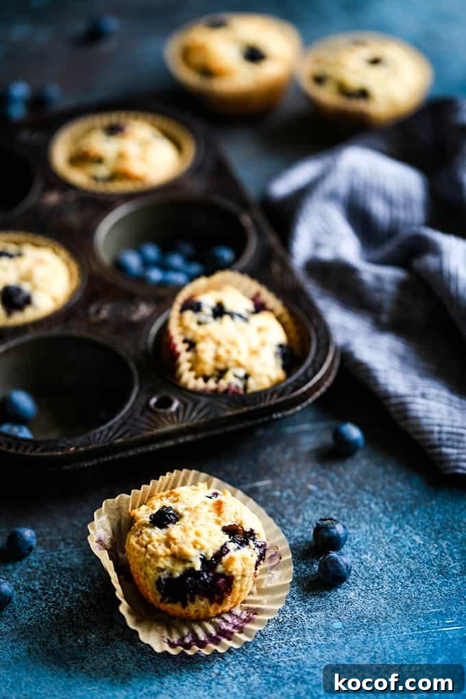 A Yogurt Blueberry Oatmeal Muffin sits in front of a muffin tin.