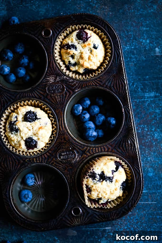 Yogurt Blueberry Oatmeal Muffins sit in a muffin tin.