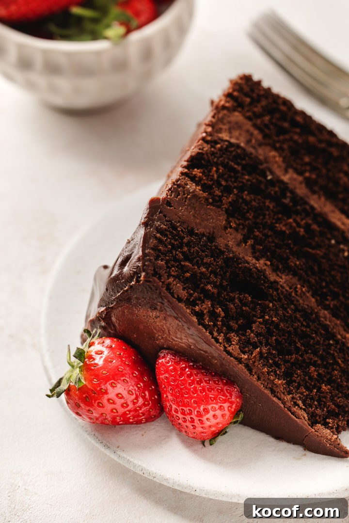 a slice of chocolate cake with ganache frosting and fresh strawberries on a white plate