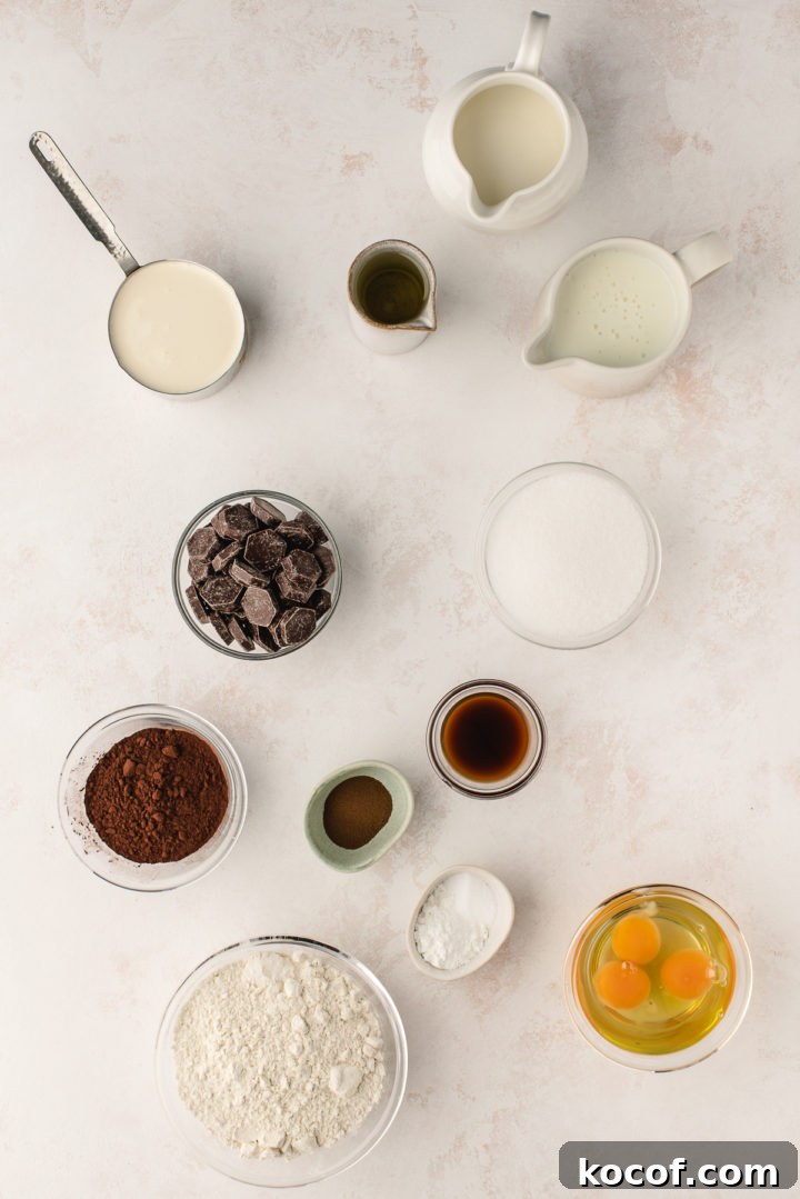 ingredients to make chocolate ganache filled cake