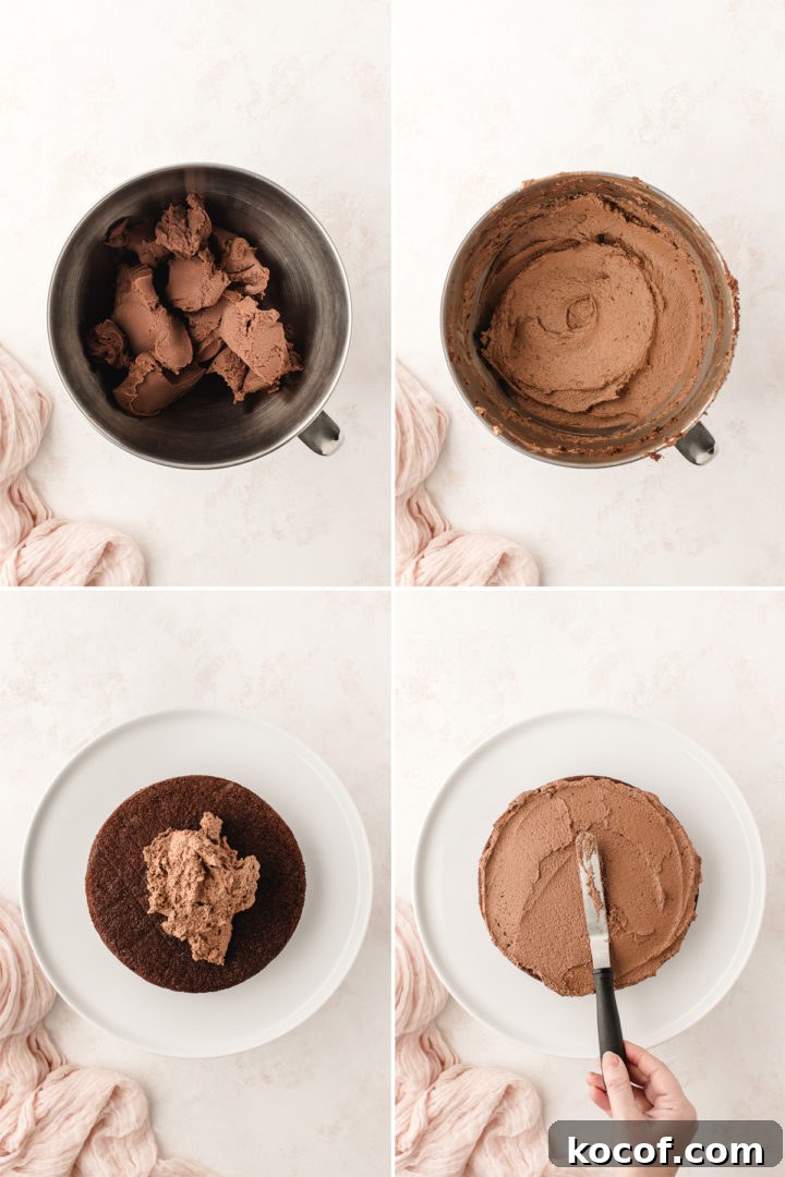 step by step frosting a chocolate cake with ganache frosting