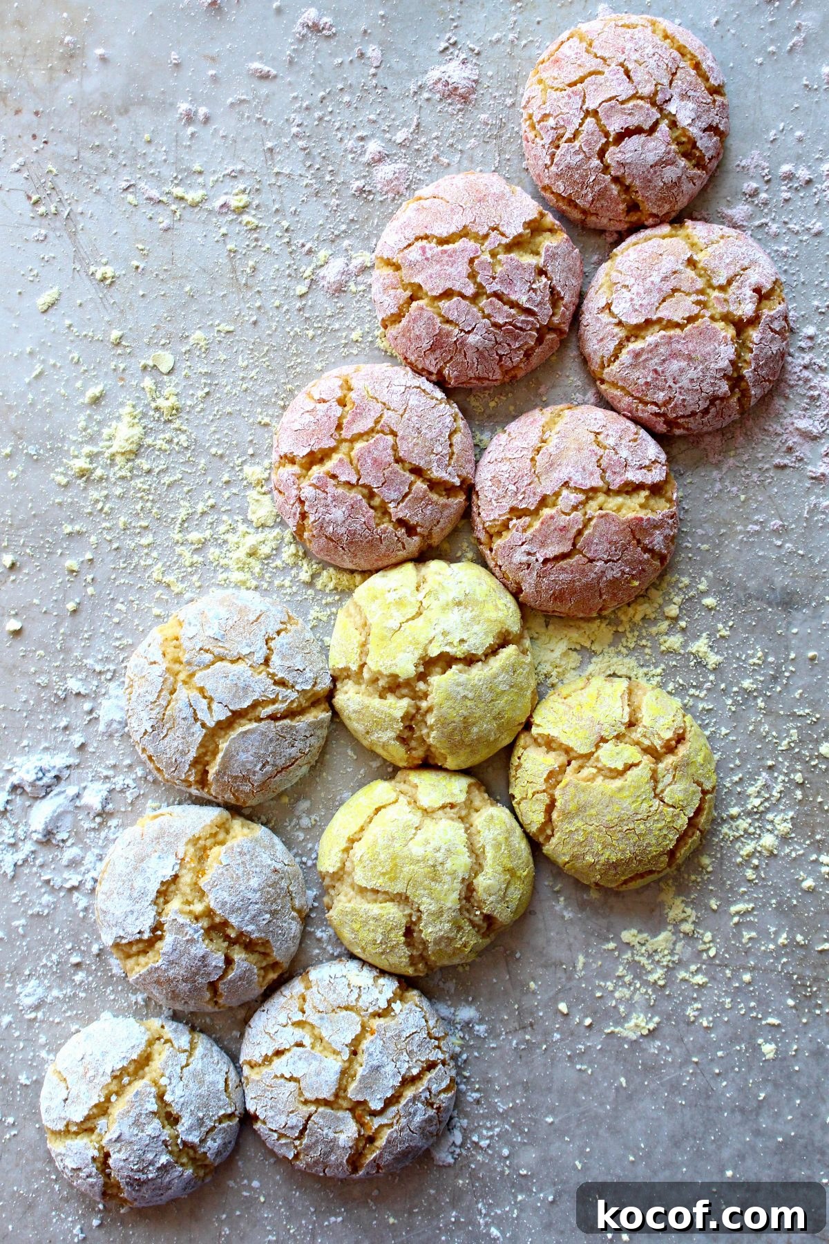 Crackled topped almond cookies coated in pastel colored powdered sugar.