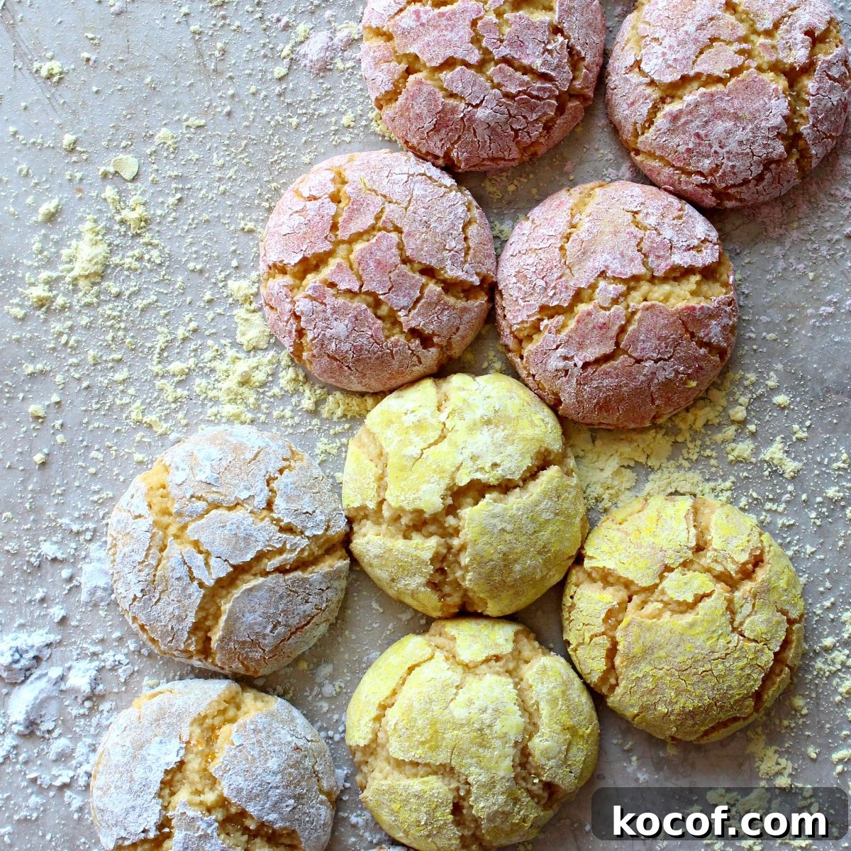 Closeup of crackle topped dome cookies in pastel colors.