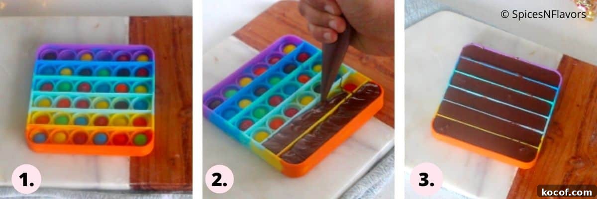 Trending Chocolate Pop-It Recipe: How to Make the Viral Candy Pop It 4 collage of steps explaining how to fill the rainbow fidget