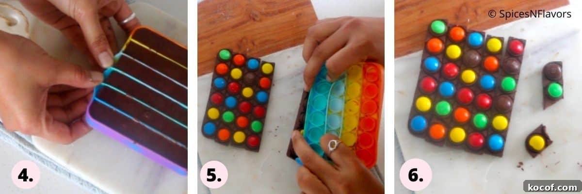 Trending Chocolate Pop-It Recipe: How to Make the Viral Candy Pop It 5 collage of steps explaining how to unmould the chocolate bars