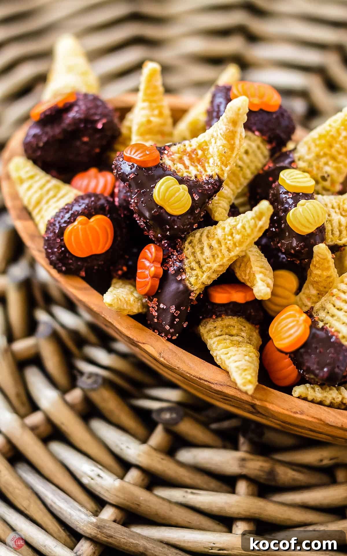 close up of chocolate bugles in a wood bowl