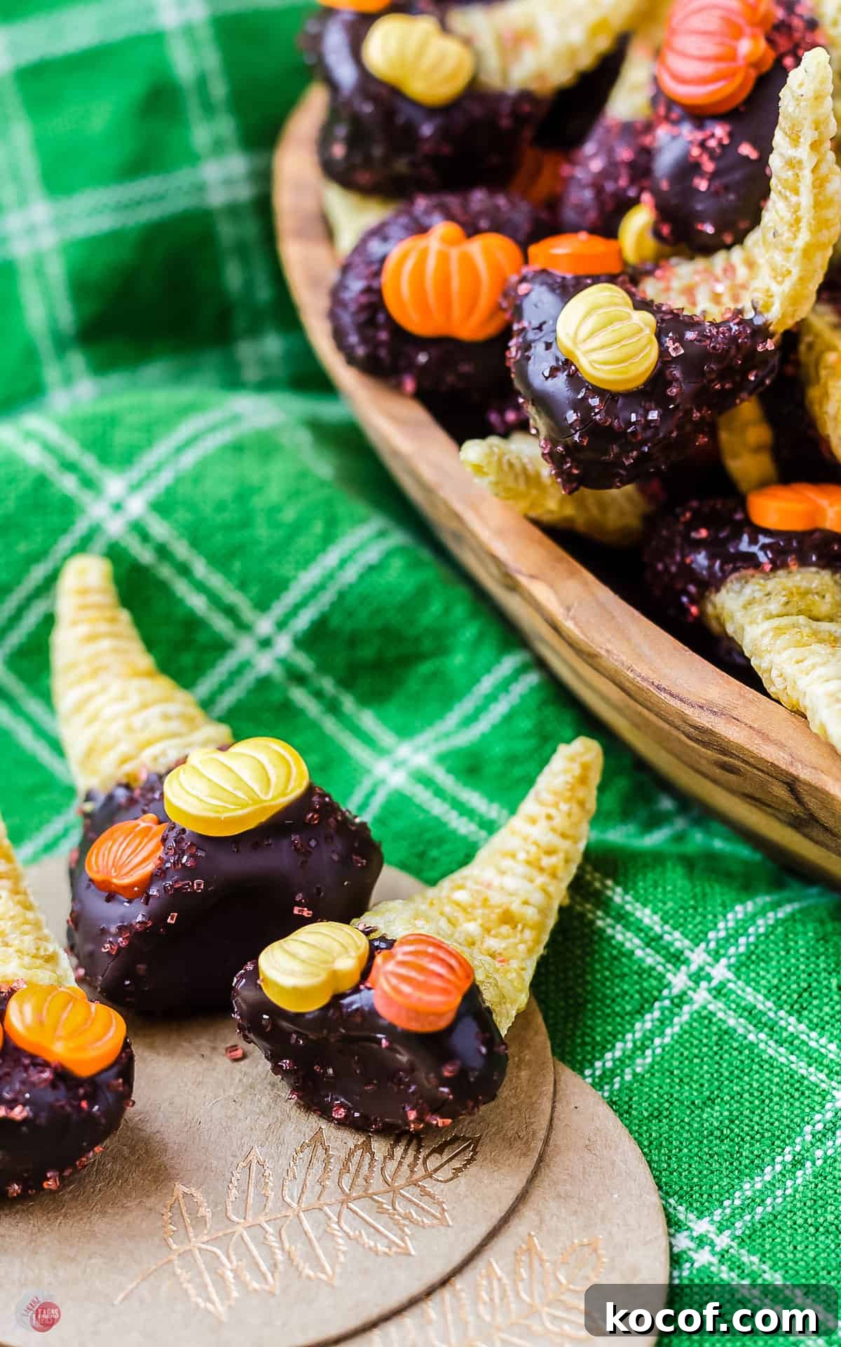 close up of dulce de leche bugles with pumpkin sprinkles