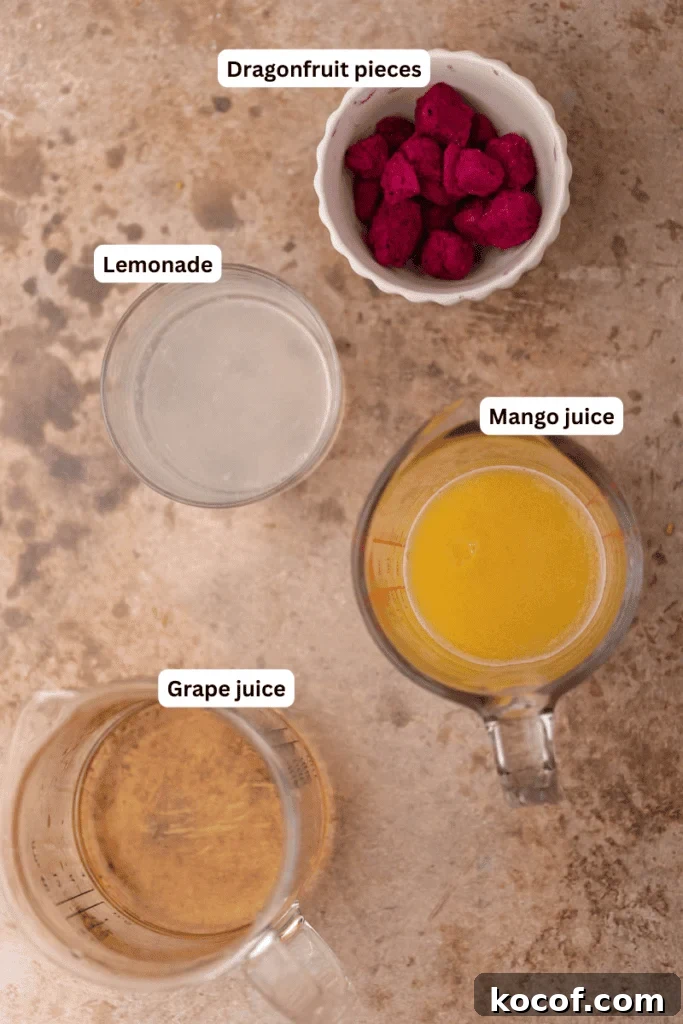 Juices and dragonfruit pieces arranged on a countertop