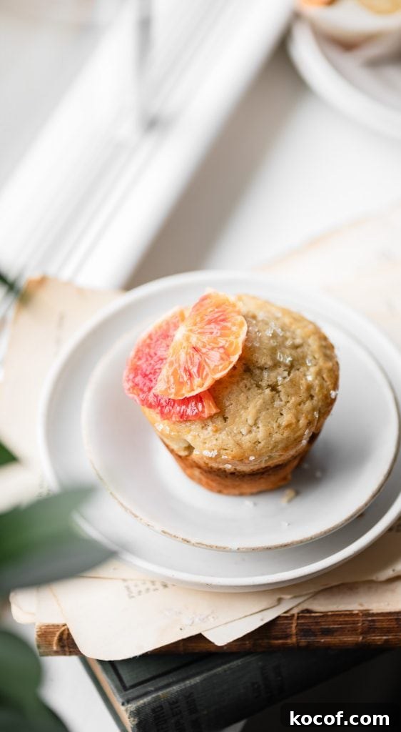 Single muffin topped with a sliced orange on white plate.