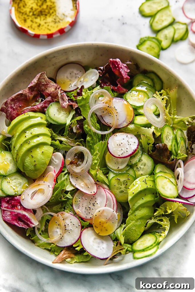 Fresh Garden Salad Recipe: Crisp Mixed Greens & Simple Dressing 4 Top down shot of sliced onion, radish cucumber and avocado on top of lettuce in a bowl