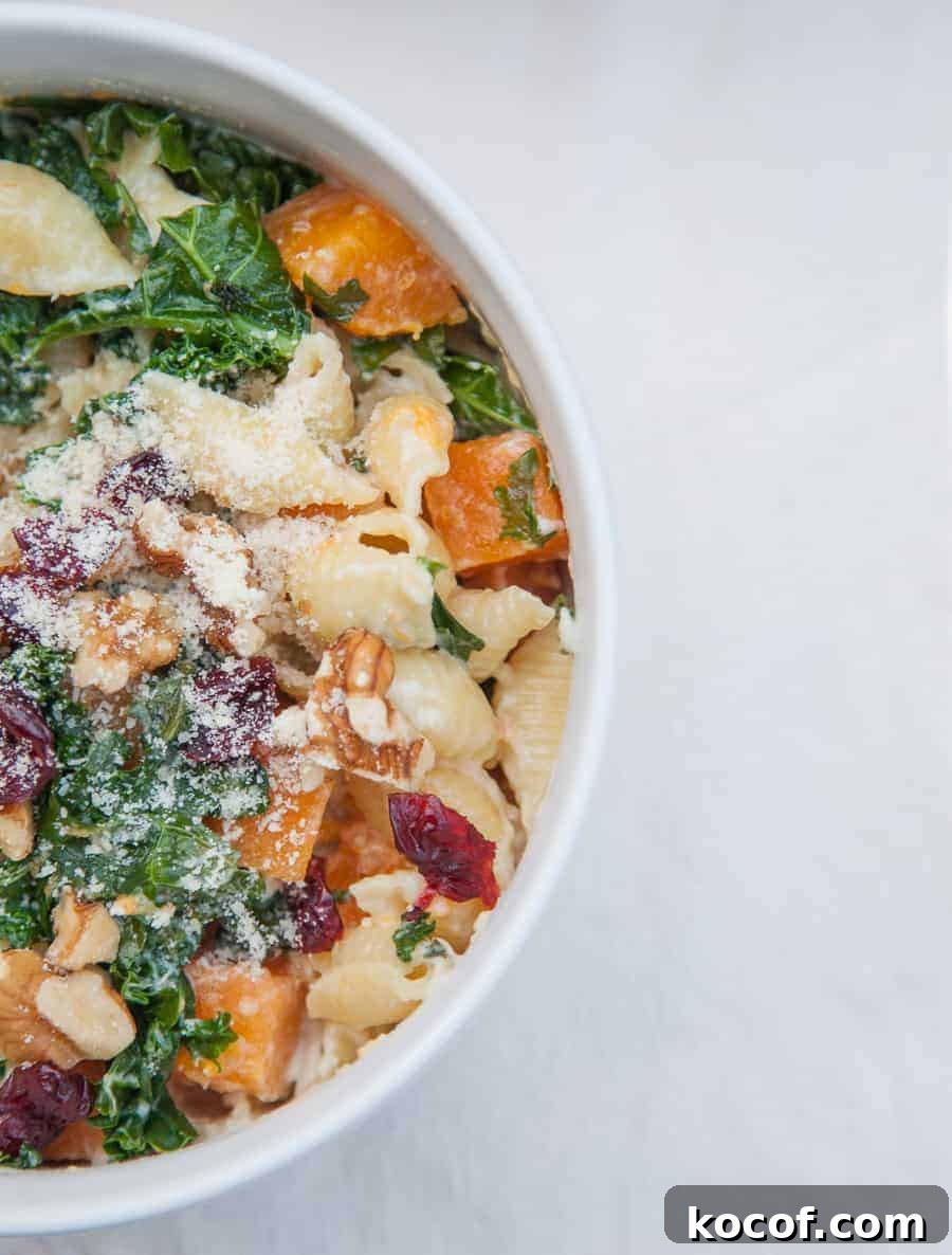 Creamy Roasted Butternut Squash Pasta with Sage and Parmesan 5 Celebrate this season by sharing this Creamy Butternut Squash Kale Pasta with friends and family! This pasta is surprisingly light but packed with winter flavors like fresh butternut squash, kale, cranberries and chopped walnuts. This is a pasta dish that is perfect to share and sure to impress!