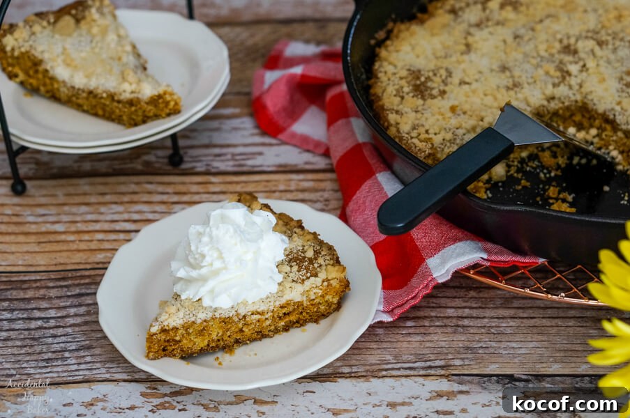 Rhubarb and Ginger Upside-Down Cake Recipe 11 A slice of Molasses Skillet Cake with whipped cream sits next to a cast iron skillet.