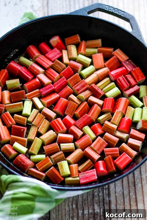 Rhubarb and Ginger Upside-Down Cake Recipe 5 Chopped rhubarb goes on top of the sugar topping.
