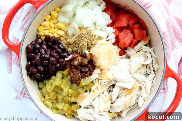 Chicken Tortilla Soup - loaded with shredded chicken, tomatoes, corn, black beans, onions, and green chilies, all in a tasty broth. Chicken Tortilla Soup ingredients in pot.