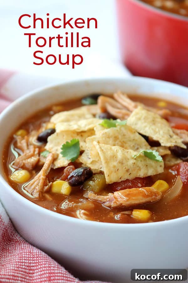 Chicken Tortilla Soup - loaded with shredded chicken, tomatoes, corn, black beans, onions, and green chilies, all in a tasty broth. Chicken Tortilla Soup in a bowl with text.