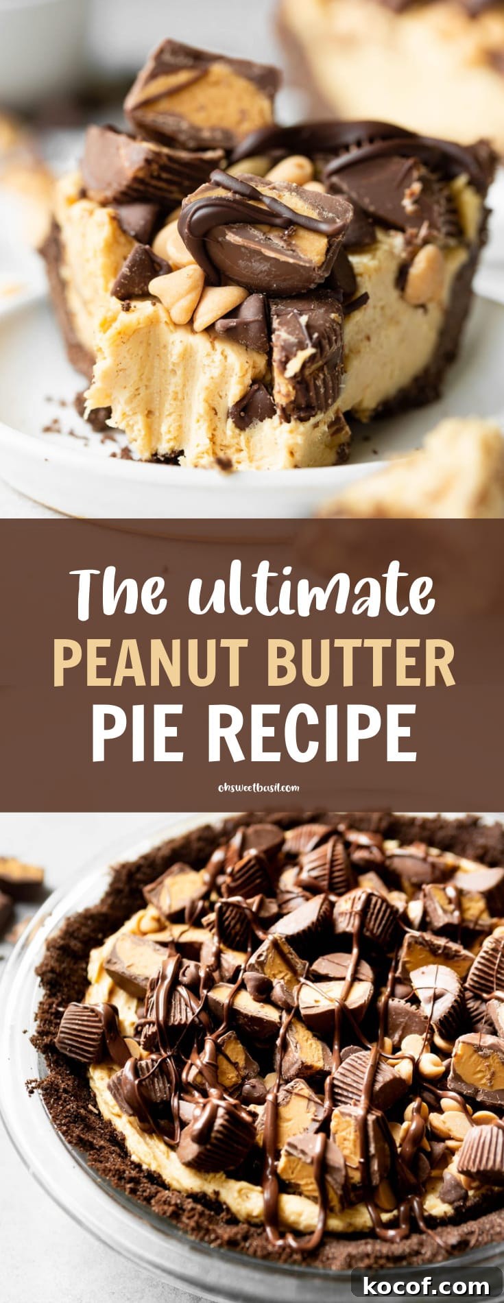 A whole peanut butter pie with chocolate graham crust topped with mini peanut butter cups, chocolate chips, and peanut butter chips with a chocolate drizzle.
