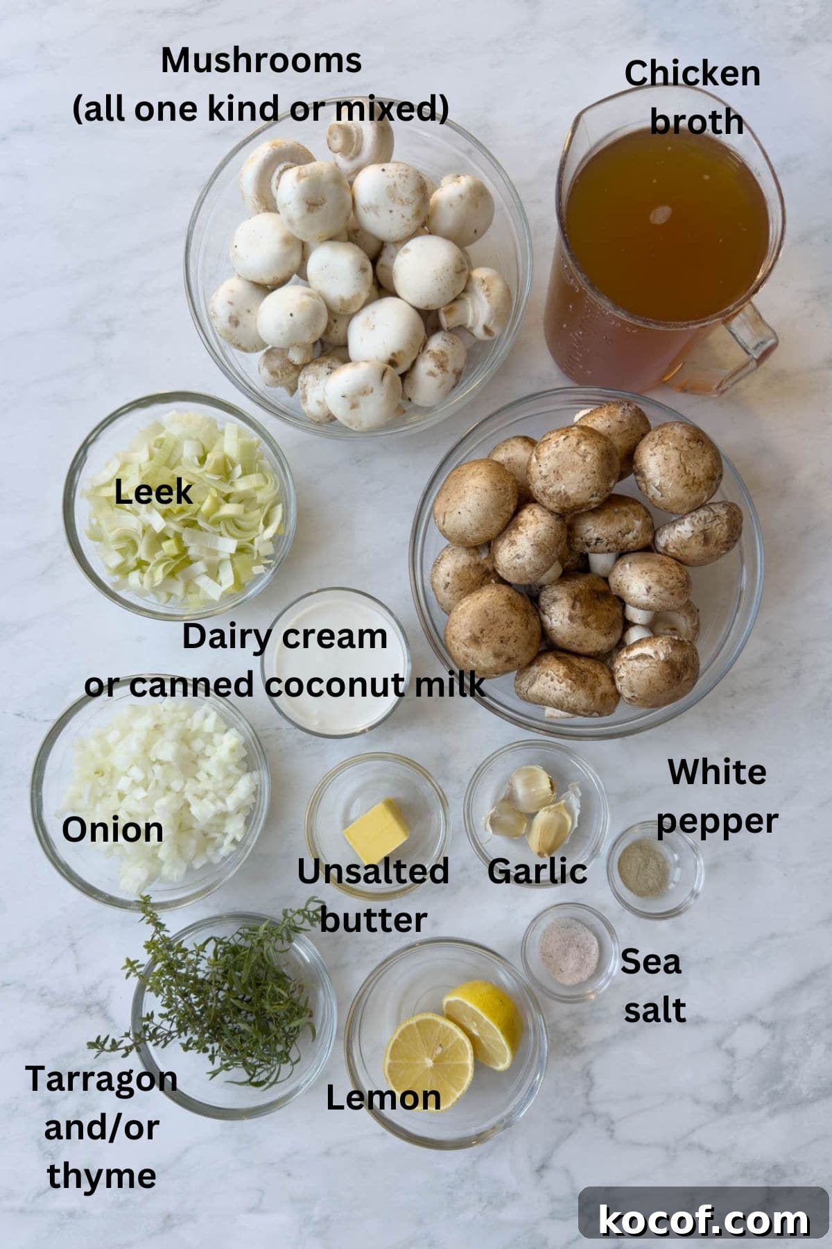 Prep bowls of mushroom, leeks, cream, onion, lemon, herbs, and garlic for leek and mushroom soup.
