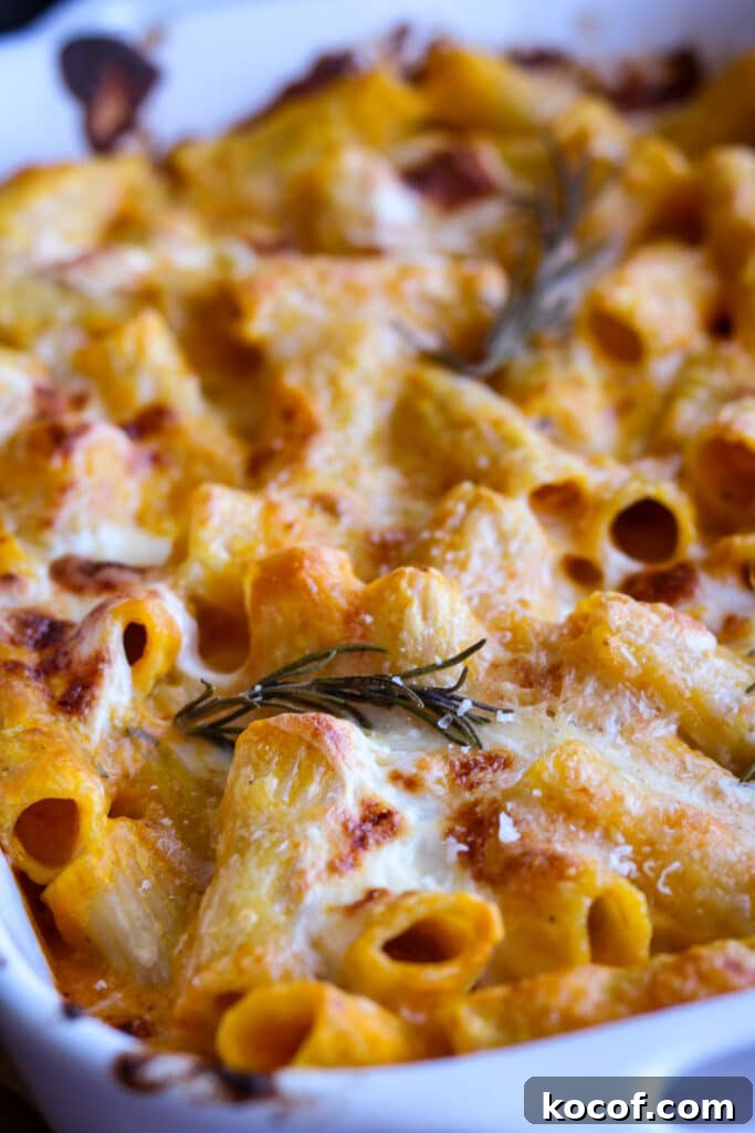 Creamy Pumpkin Rigatoni Bake with Parmesan and Sage 3 close up of baked rigatoni with pumpkin cream sauce