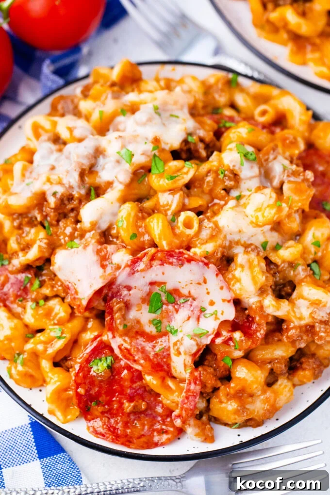 Overhead shot of a plate of instant pot pizza pasta.