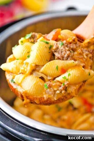 a ladle filled with juicy and cheese instant pot taco pasta