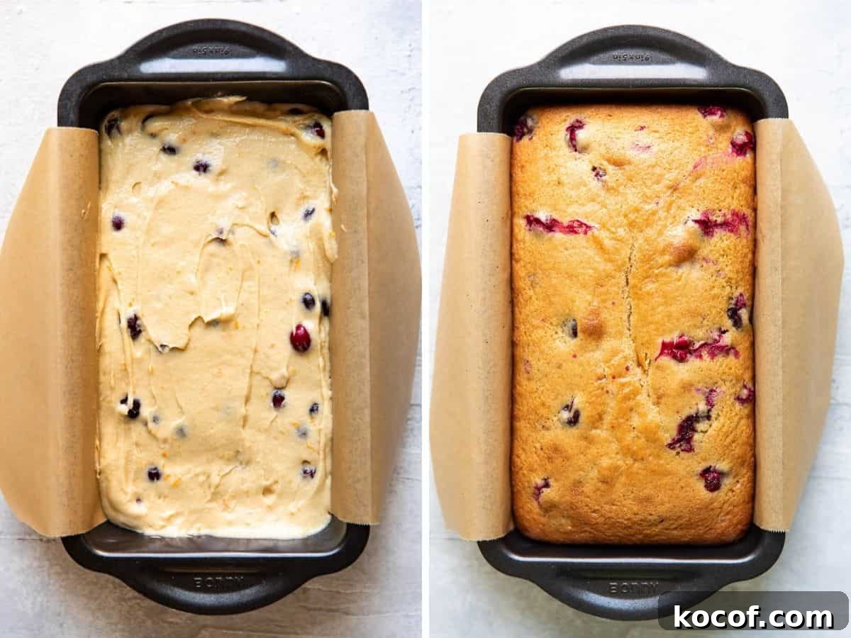 cranberry orange loaf cake before and after baking.