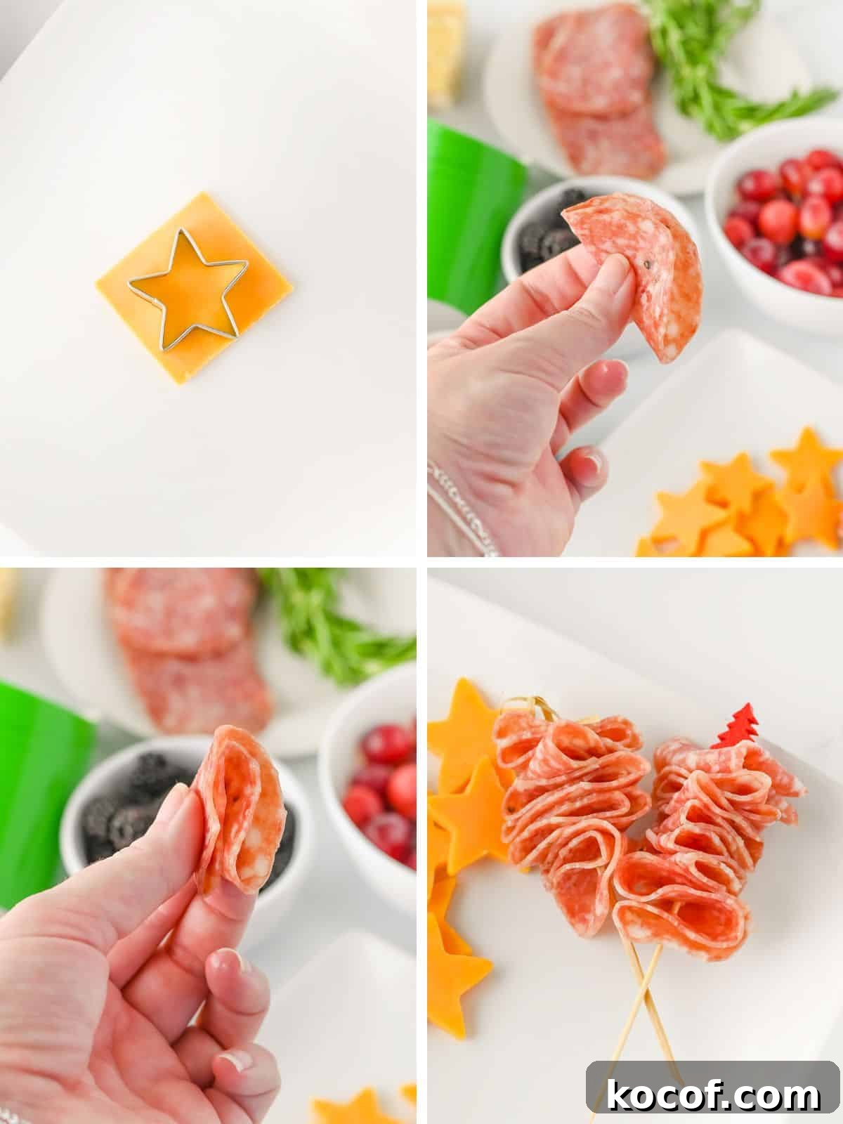 4 photo collage showing steps to assemble charcuterie cups. Top left shows a star-shaped cutter on a square slice of cheddar cheese. Top right and bottom left show hands folding salami. Bottom right shows two skewers of folded salami arranged like trees, surrounded by cheddar cheese stars. 