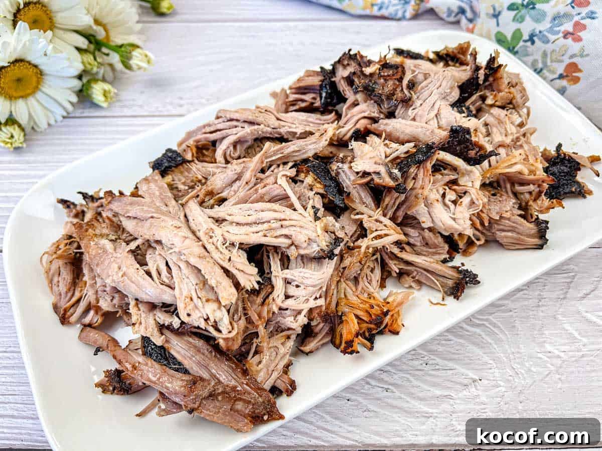 39 Outdoor Grilling Dinners That Make You Ditch the Oven Tonight 12 Shredded Ninja Woodfire Outdoor Grill Smoked Pulled Pork on a white plate.