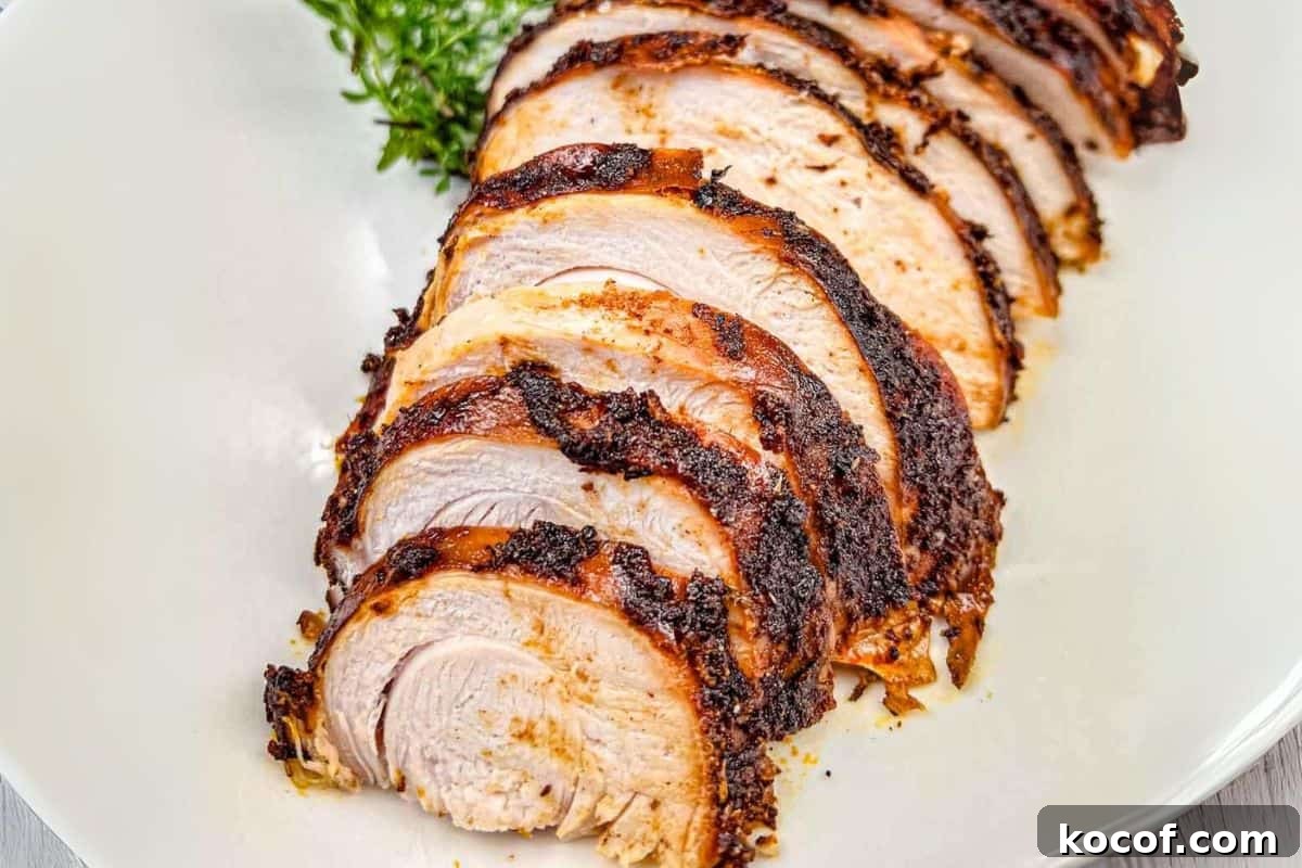 39 Outdoor Grilling Dinners That Make You Ditch the Oven Tonight 14 Sliced roasted turkey breast arranged on a white plate.