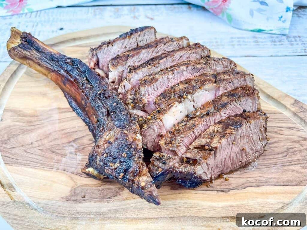 39 Outdoor Grilling Dinners That Make You Ditch the Oven Tonight 23 A sliced tomahawk steak on a white plate.