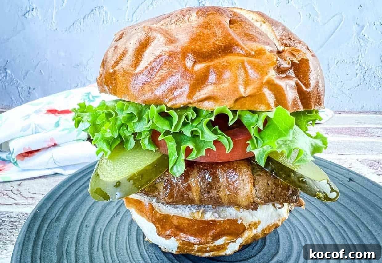 39 Outdoor Grilling Dinners That Make You Ditch the Oven Tonight 25 Bacon-Wrapped Burger on a black plate.