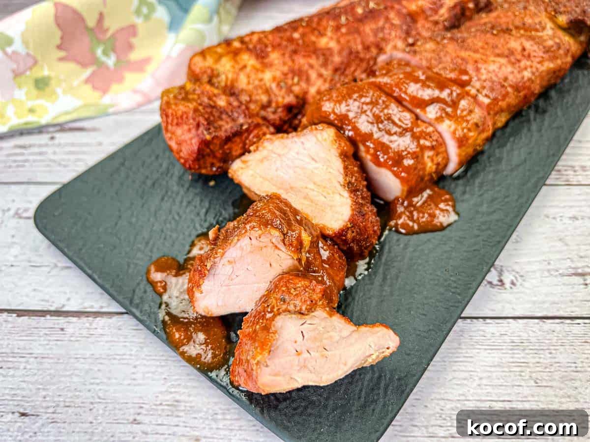 39 Outdoor Grilling Dinners That Make You Ditch the Oven Tonight 34 A plate of Ninja Woodfire Outdoor Grill-Smoked Pork Tenderloin with Mezcal BBQ Sauce.