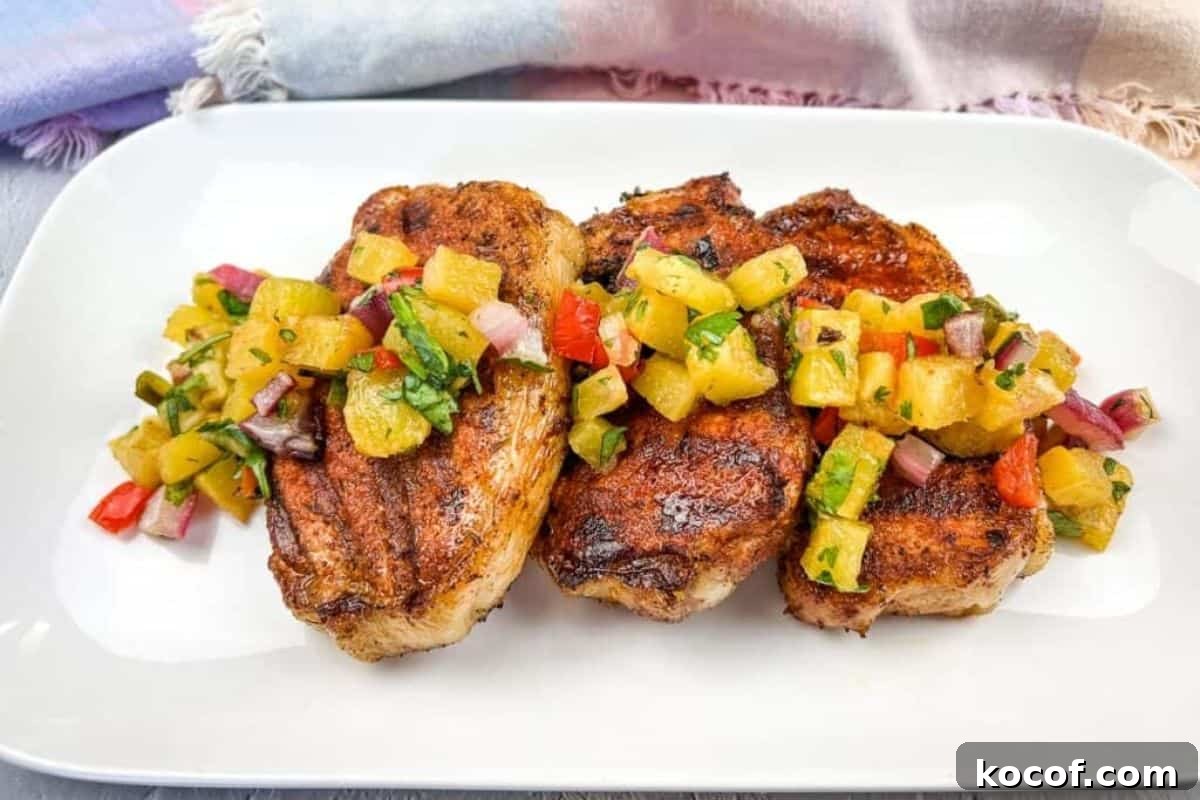 39 Outdoor Grilling Dinners That Make You Ditch the Oven Tonight 38 Grilled pork chops with pineapple salsa on a white plate.