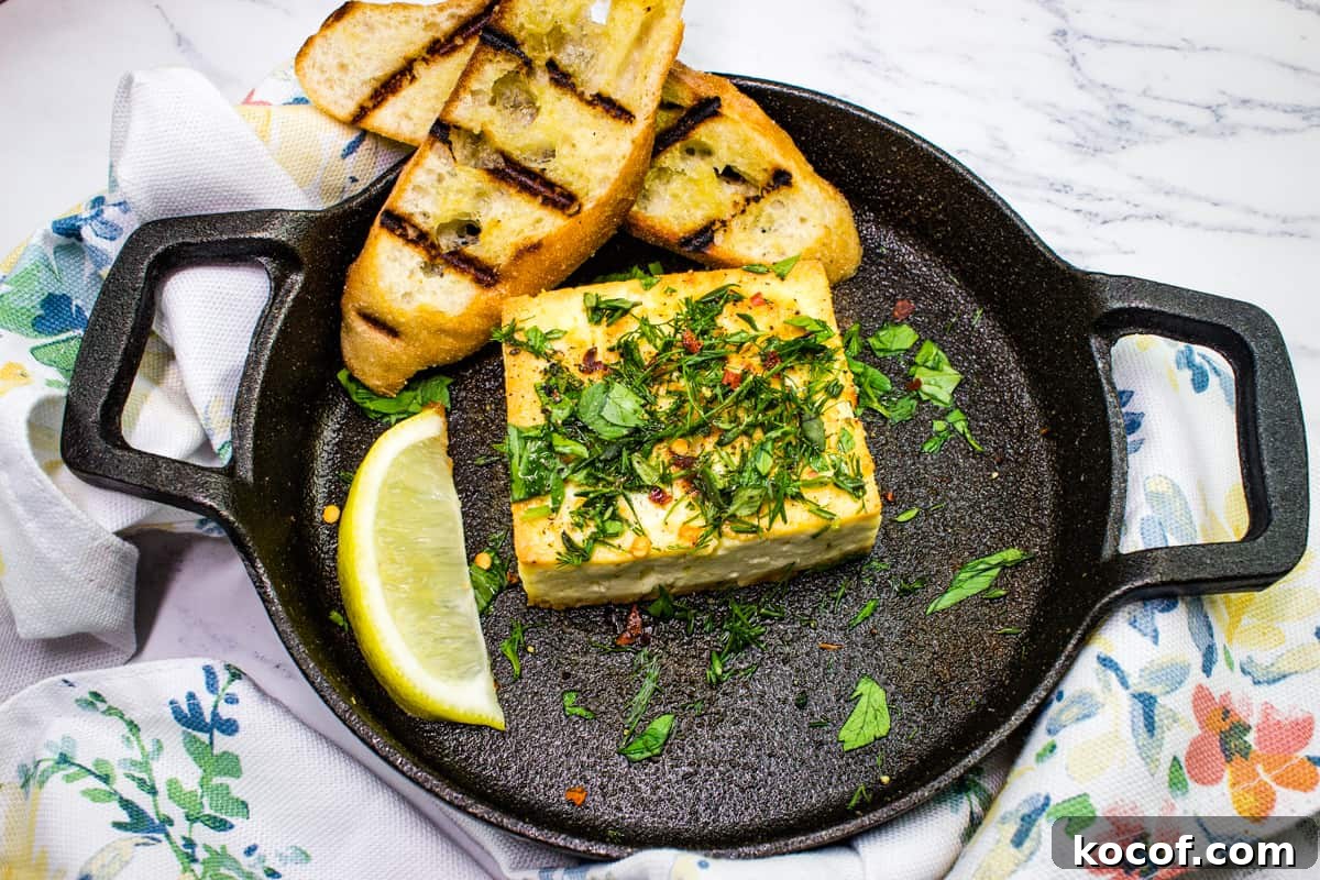 39 Outdoor Grilling Dinners That Make You Ditch the Oven Tonight 40 Grilled Feta with Herbs in a black serving dish with toasted bread and a lemon wedge.