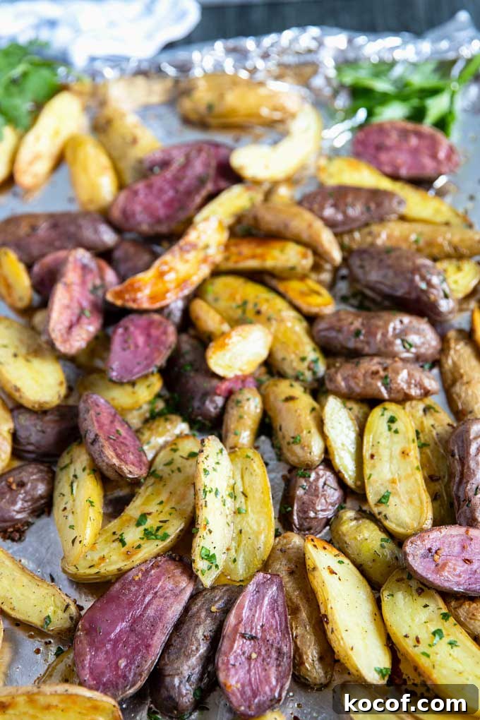 Crispy Roasted Fingerling Potatoes with Garlic and Herbs 2 Crispy and tender roasted potatoes on a sheet pan.