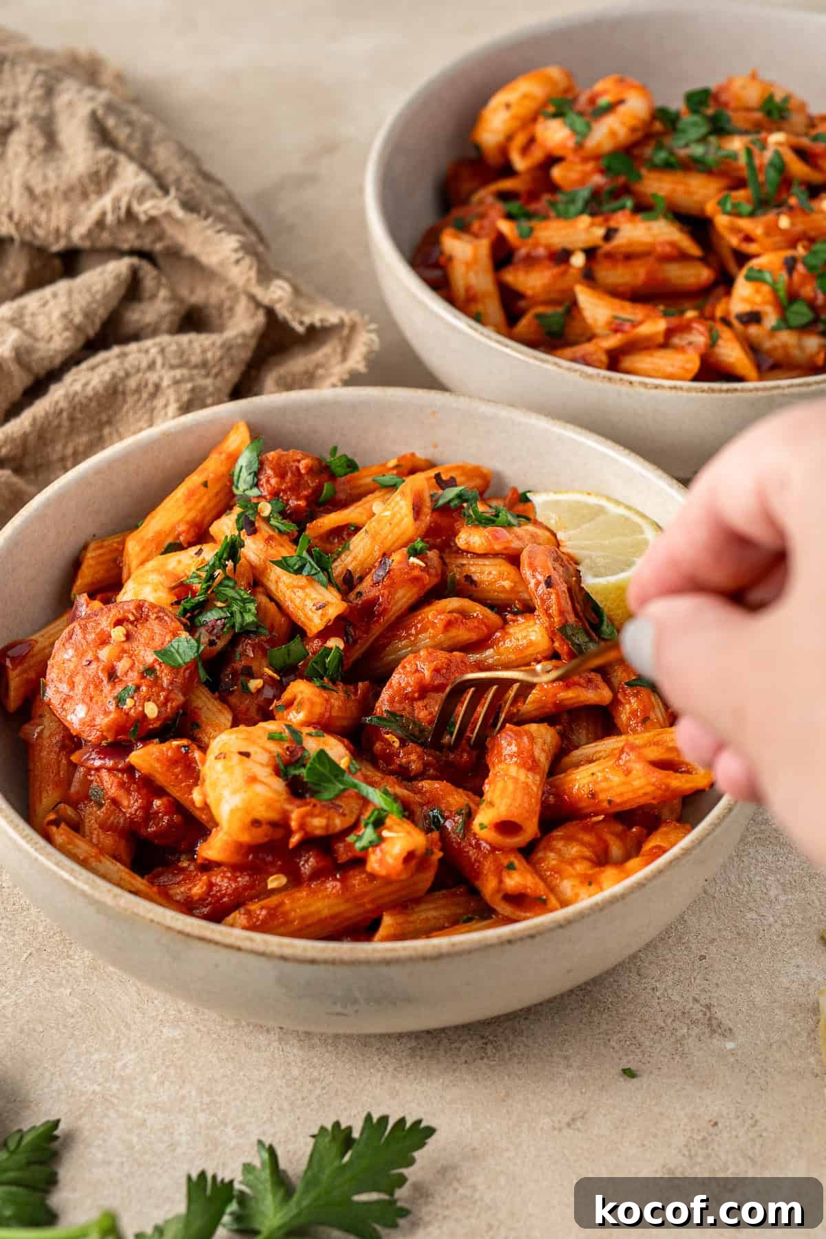 A hand taking a bite of the pasta with a fork.