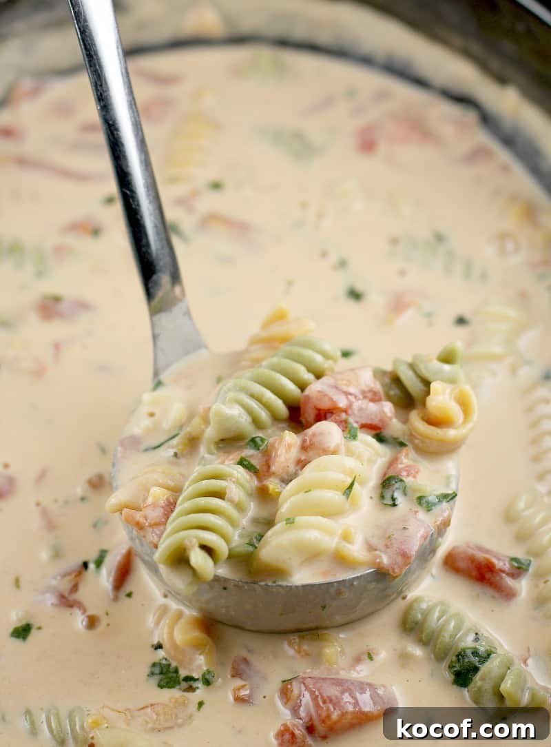 a ladle scooping up the tomato basil soup from the slow cooker
