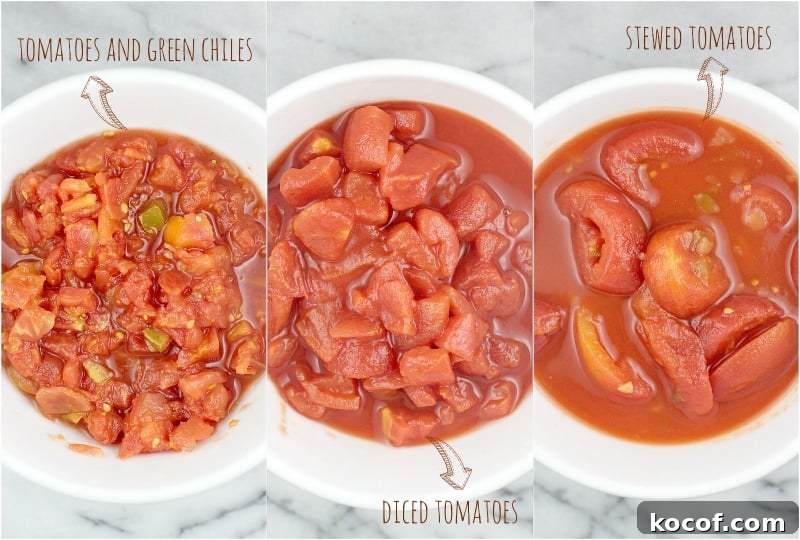 collage showing the different varieties of canned tomatoes, each in a white bowl, top down view