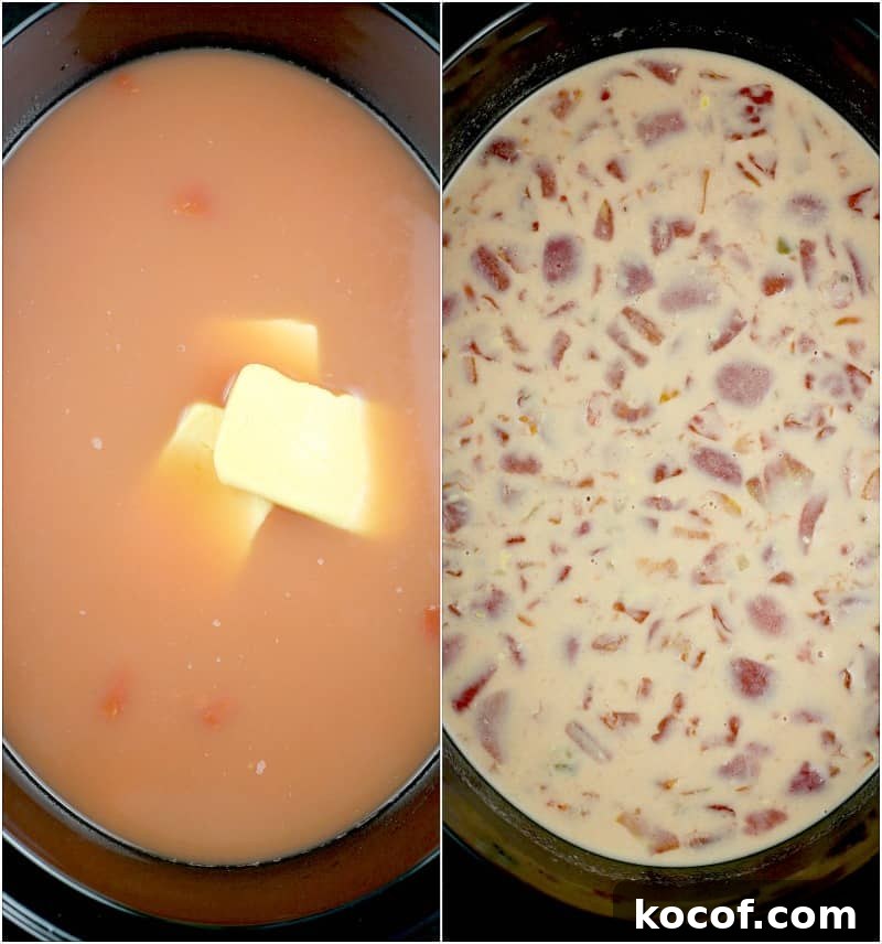 top down view into the slow cooker showing the addition of the Velveeta cheese on the left and the creamy melted combined soup on the right