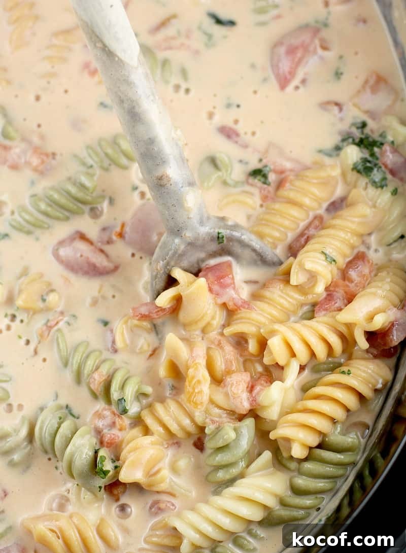 wooden spoon lifting in the crockpot with the finished vegetarian soup recipe, lifting up to show the colors of the pasta