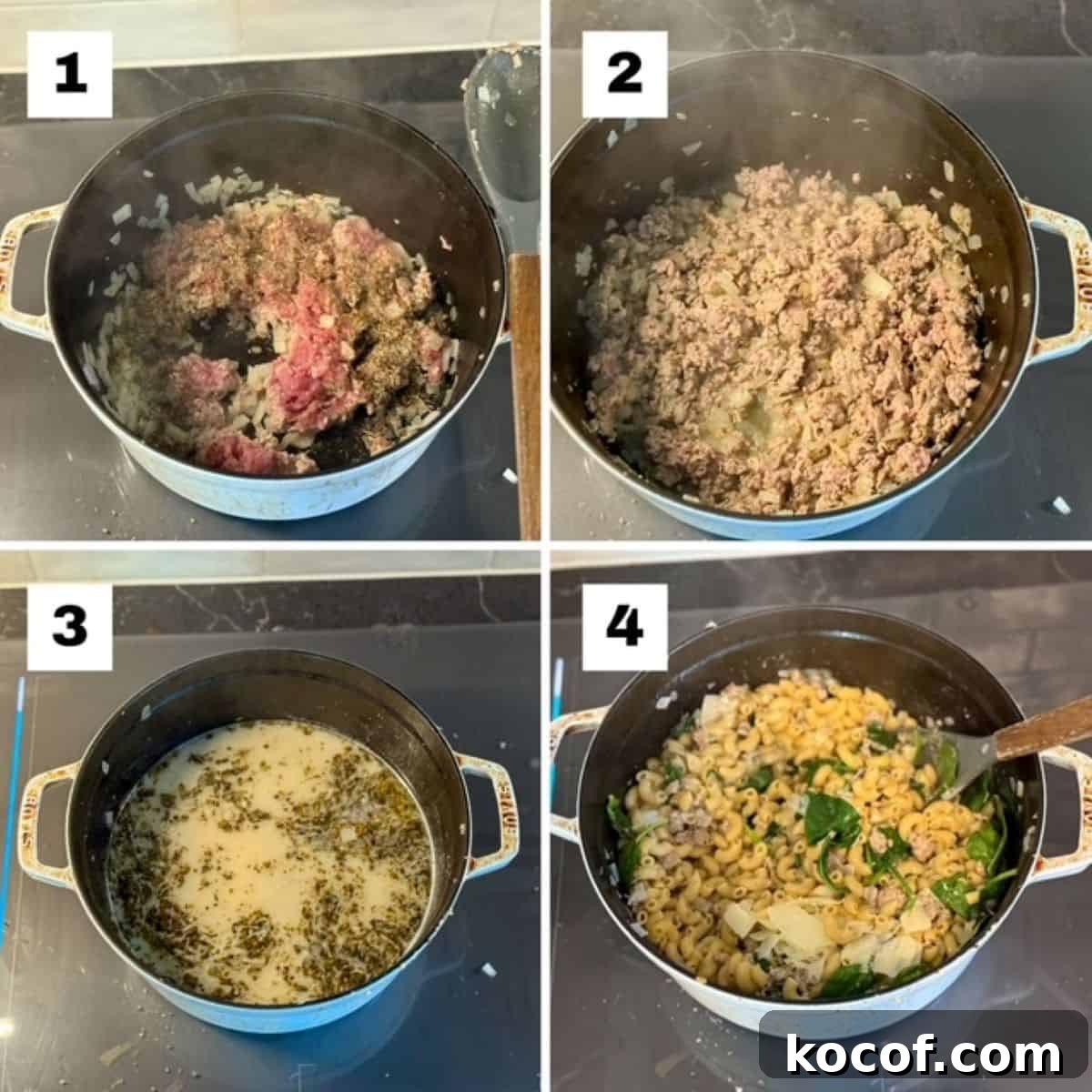 One-Pot Ground Turkey Pasta Skillet Recipe for Quick Dinners 4 Four numbered images showing how to make ground turkey pasta in a Dutch oven.