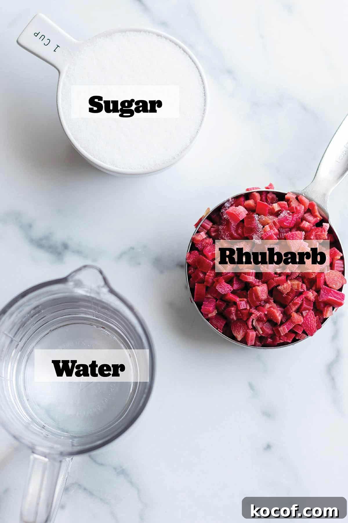 A cup of sugar, fresh rhubarb and water.