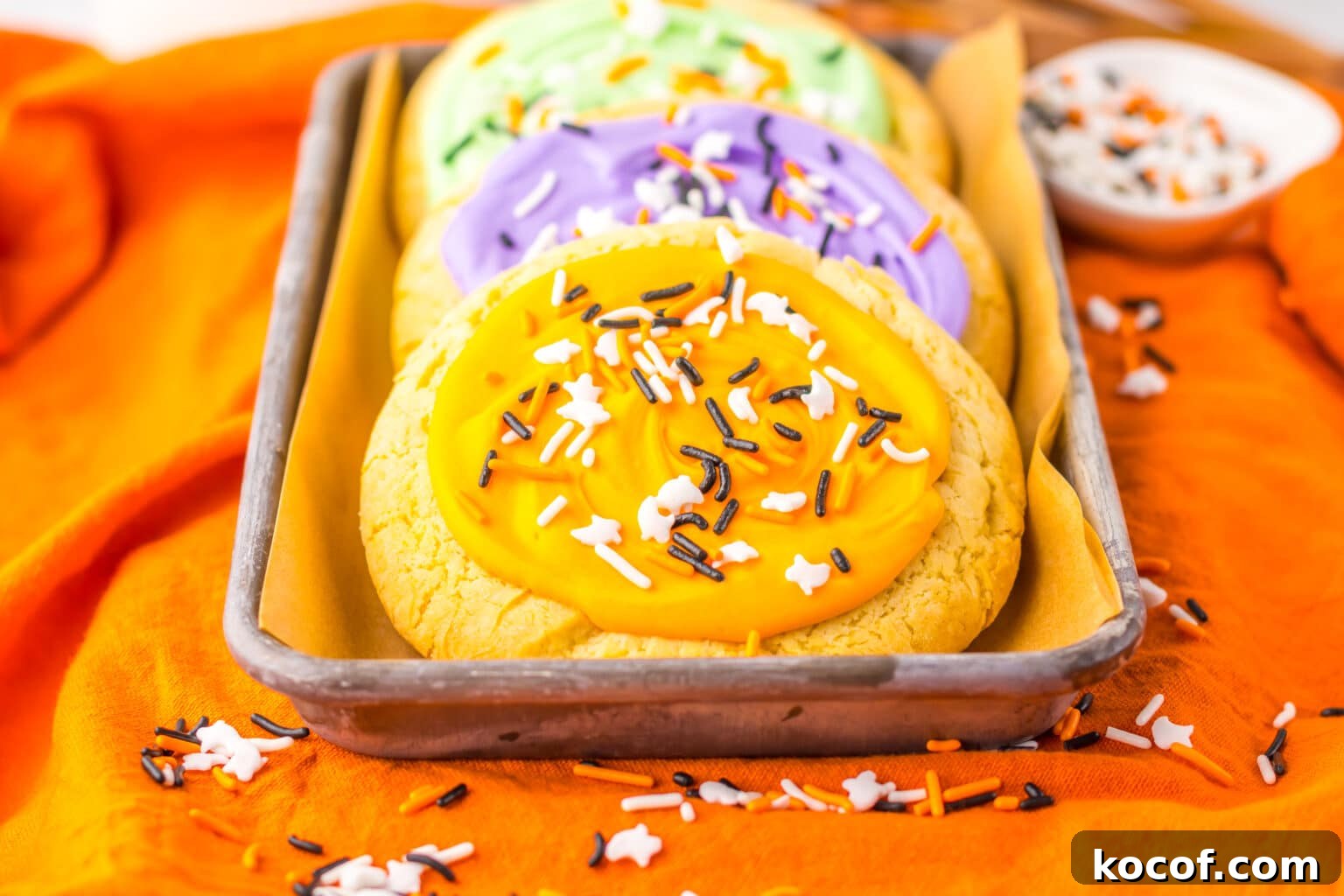 side view of lofthouse halloween sugar cookies on serving tray
