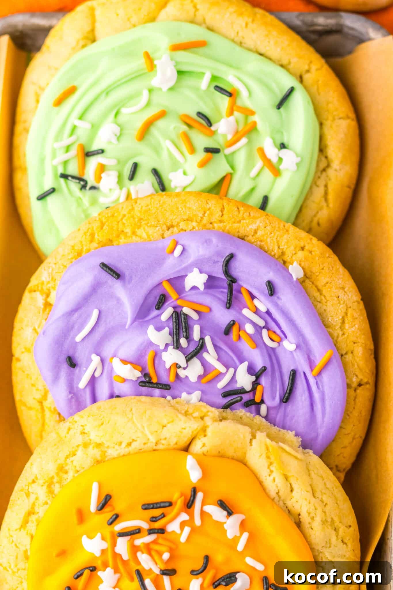 up close view of copycat lofthouse halloween sugar cookies on plate