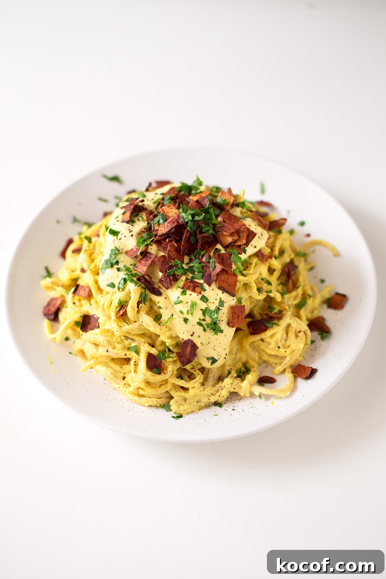Vegan Pasta Carbonara. - You can enjoy a delicious and creamy vegan pasta carbonara in just 25 minutes. This is a gluten-free version, which is also healthier and lower in fat.